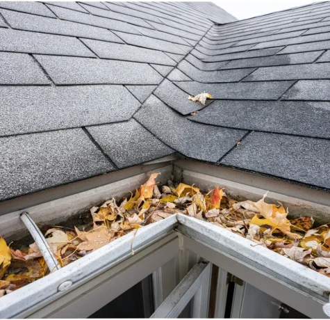 Worker cleaning leaves from a residential gutter.