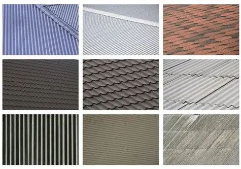 Display of shingles, metal panels, and roofing tiles.