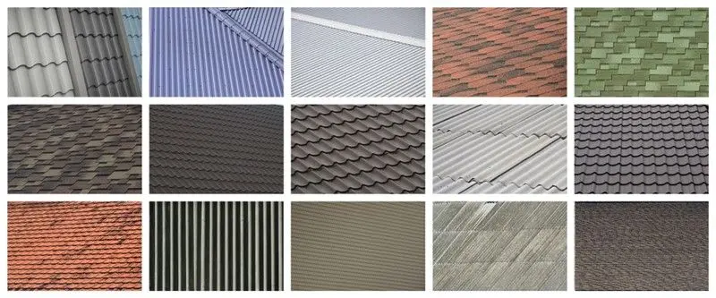 Display of shingles, metal panels, and roofing tiles.