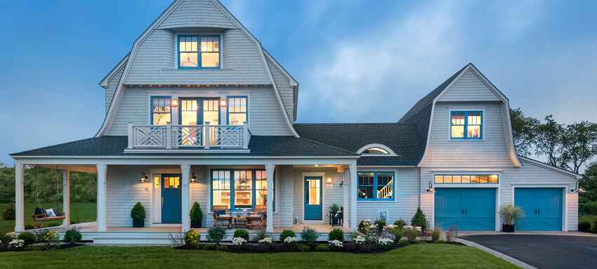 House with cedar siding exterior in New Jersey at sunset