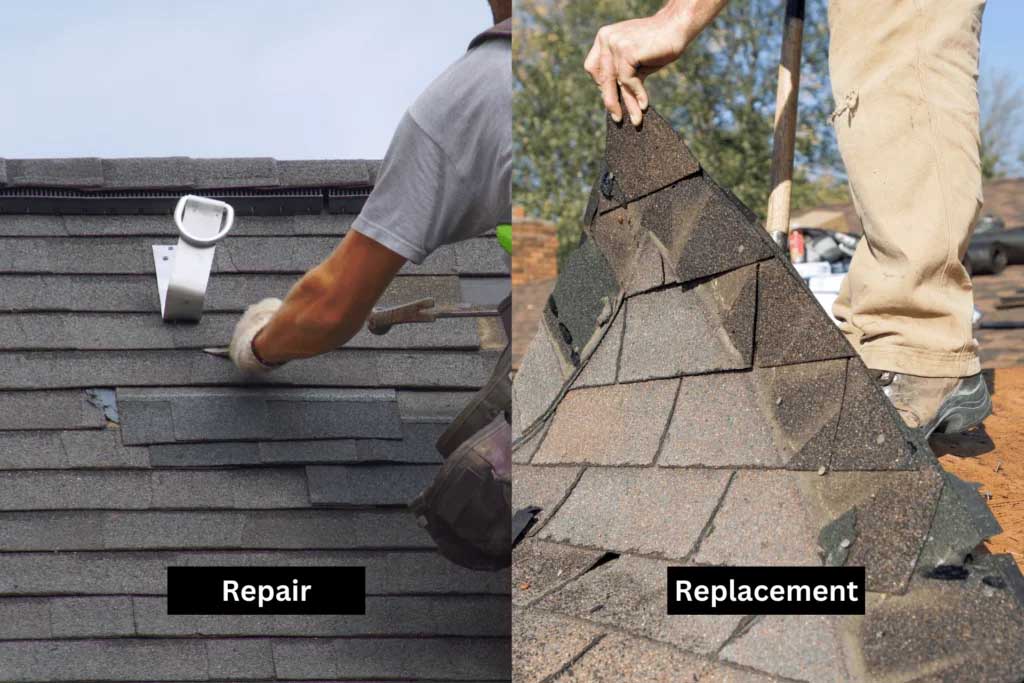 Side-by-side comparison showing roof repair and full roof replacement process in New Jersey homes.