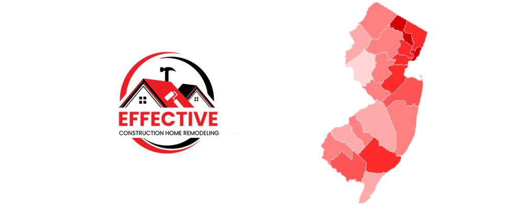 Effective Roof service areas map showing roofing and flashing repair coverage across New Jersey counties